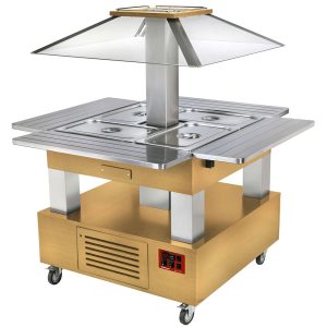 Eiland bain-marie warm buffet, gemotoriseerd dak 4x GN1/1-150 (licht hout)