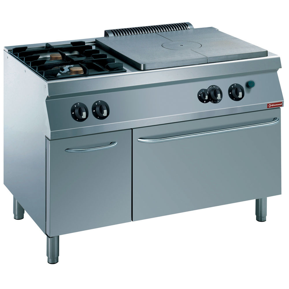 Fornuis 2 vuren, gietijzeren plaat, gasoven GN 2/1, neutrale kast