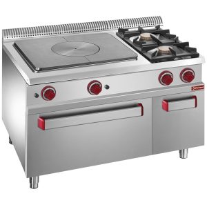 Gasfornuis, 2 branders, kookplaat, gasoven GN2/1 op kast GN 1/1