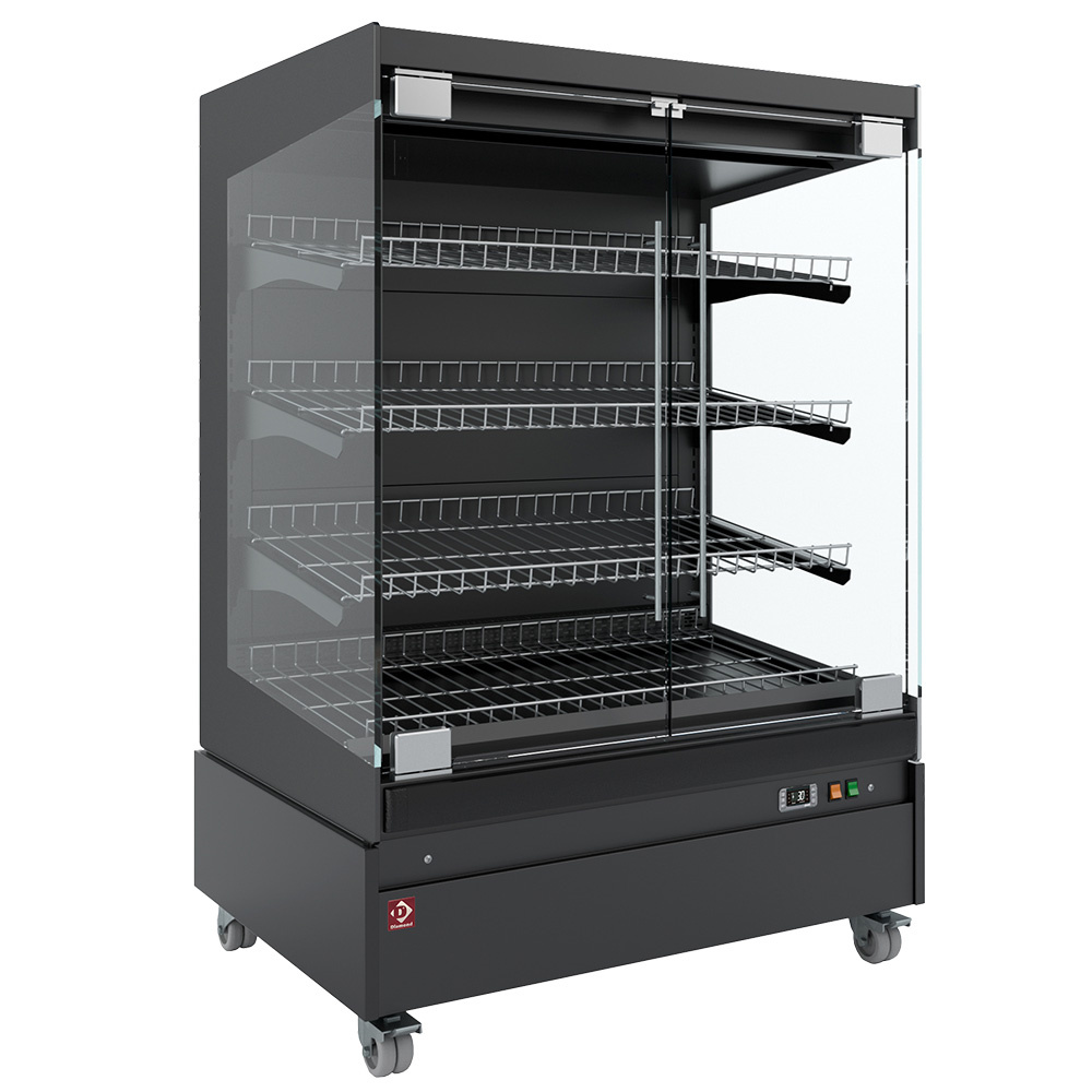 Verwarmde vitrine, zelfbediening, met glazen deur, op wielen - VOLLEDIG ZWART