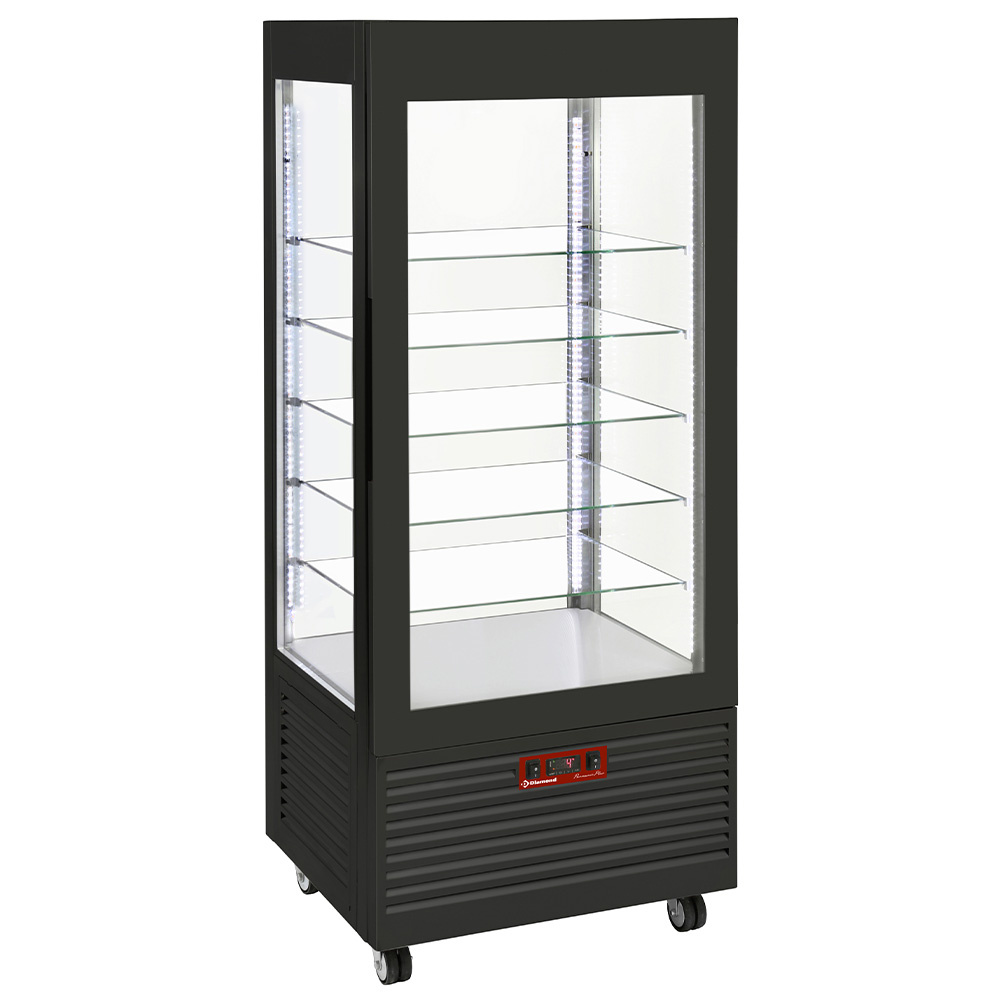 Vitrine 4 zijden T° negatief, 5 glazen schappen, geventileerd, 480 liter, ZWART