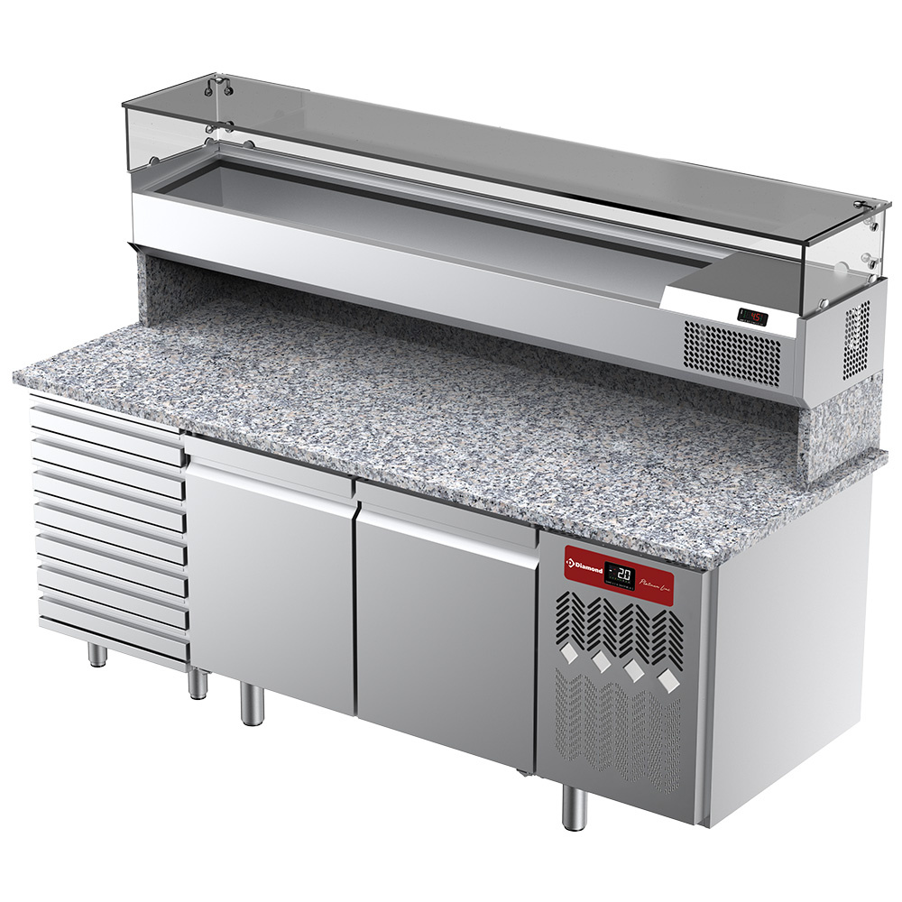 Geventileerde koeltafel voor pizza met 2 deuren en 7 laden en gekoelde vitrine 2000x380x410 met granieten werkblad.