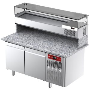 Geventileerde koeltafel voor pizza met 2 deuren en gekoelde vitrine 1600x380x410 met granieten werkblad.