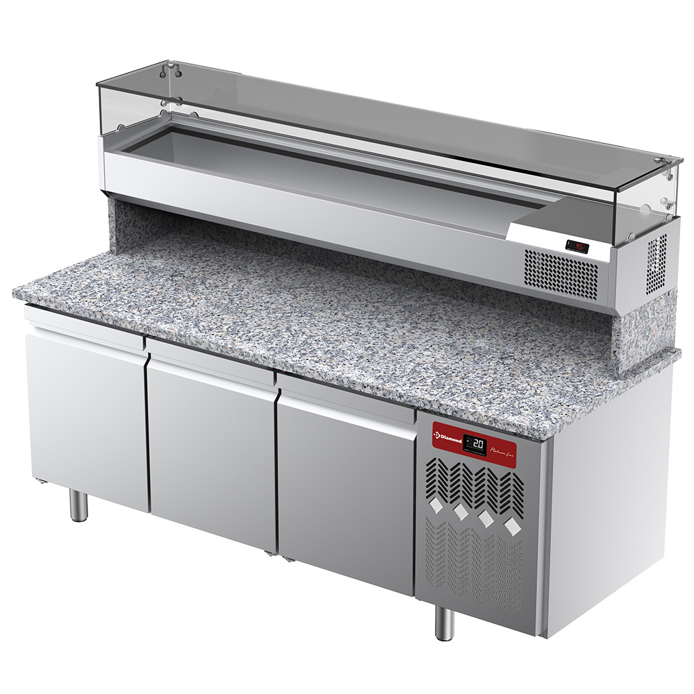 Geventileerde koeltafel voor pizza met 3 deuren en gekoelde vitrine 2000x380x410 met granieten werkblad.