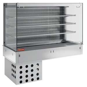 Wand met spoelbak en open "vierkante" vitrine op 3 niveaus (met gordijn), gekoeld, geventileerd, 4x GN 1/1
