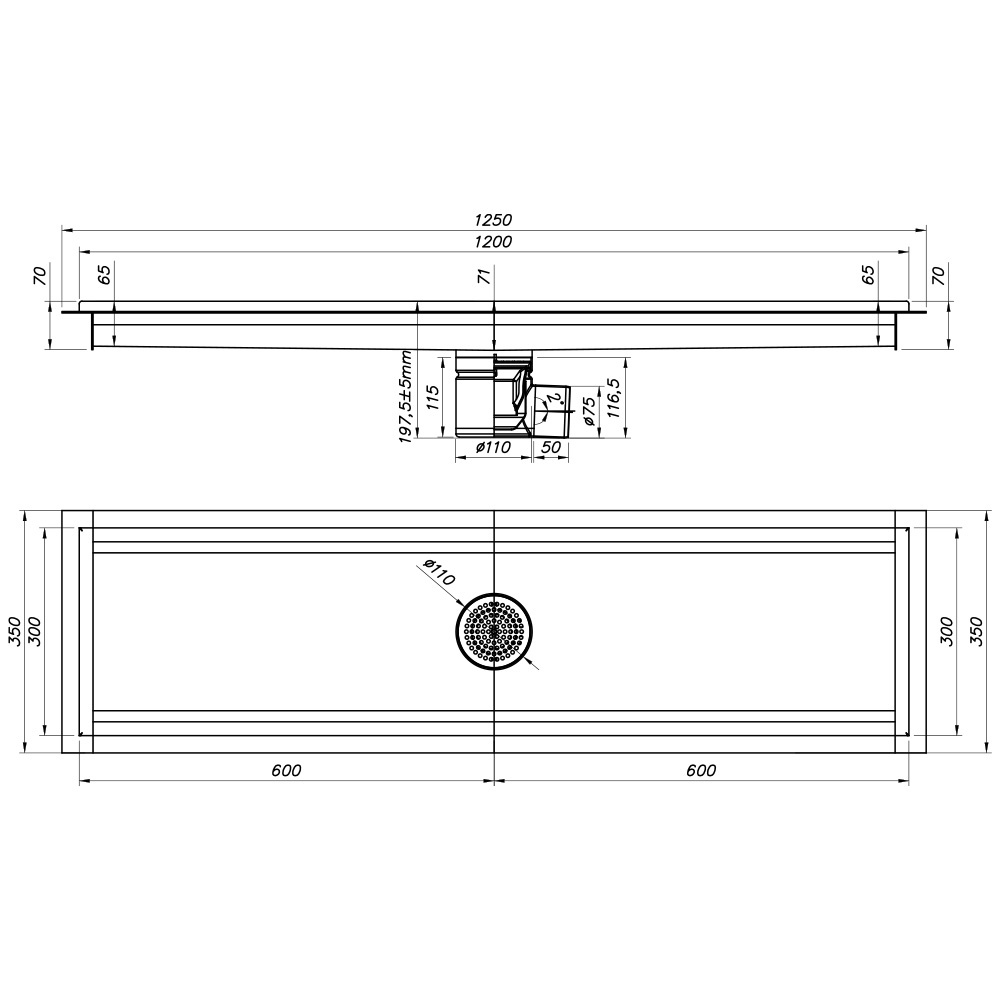 RVS vloerafvoergoot 1200x300, zijafvoer - Afbeelding 2