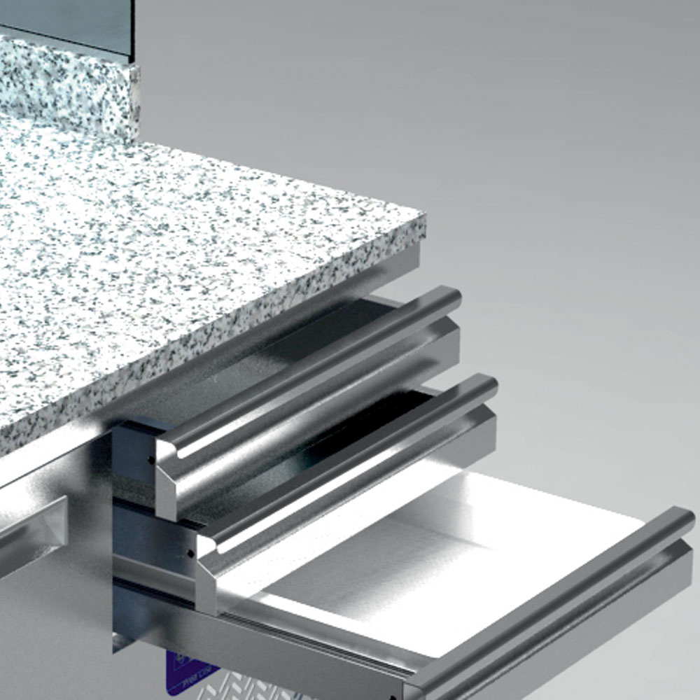 Koeltafel voor pizzeria, 3 deuren 600x400, 3 neutrale laden 600x400, gekoelde structuur 8x GN 1/4 - Afbeelding 2