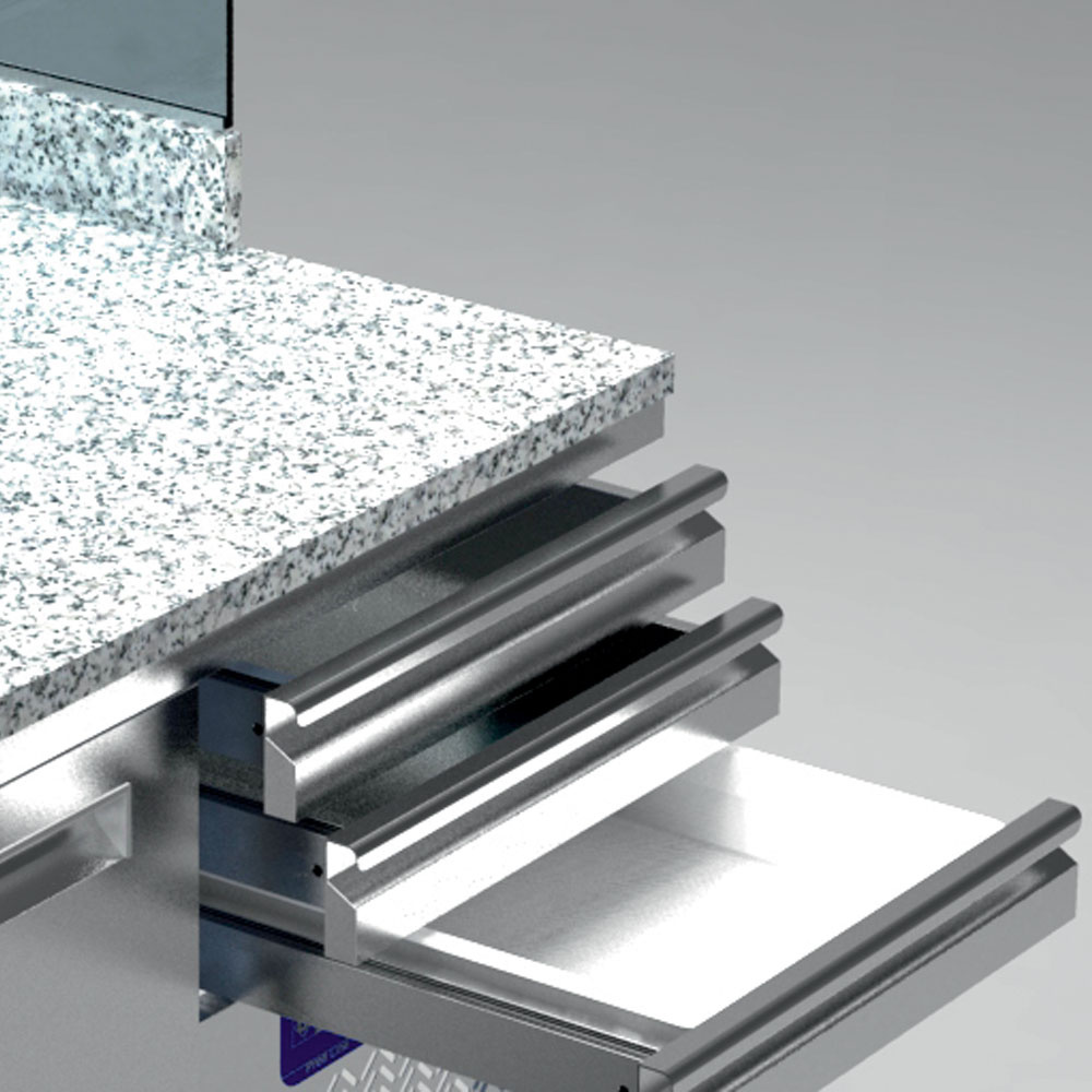 Koeltafel voor pizzeria, 2 deuren 600x400, 3 neutrale laden 600x400, gekoelde structuur 6x GN 1/4 - Afbeelding 2