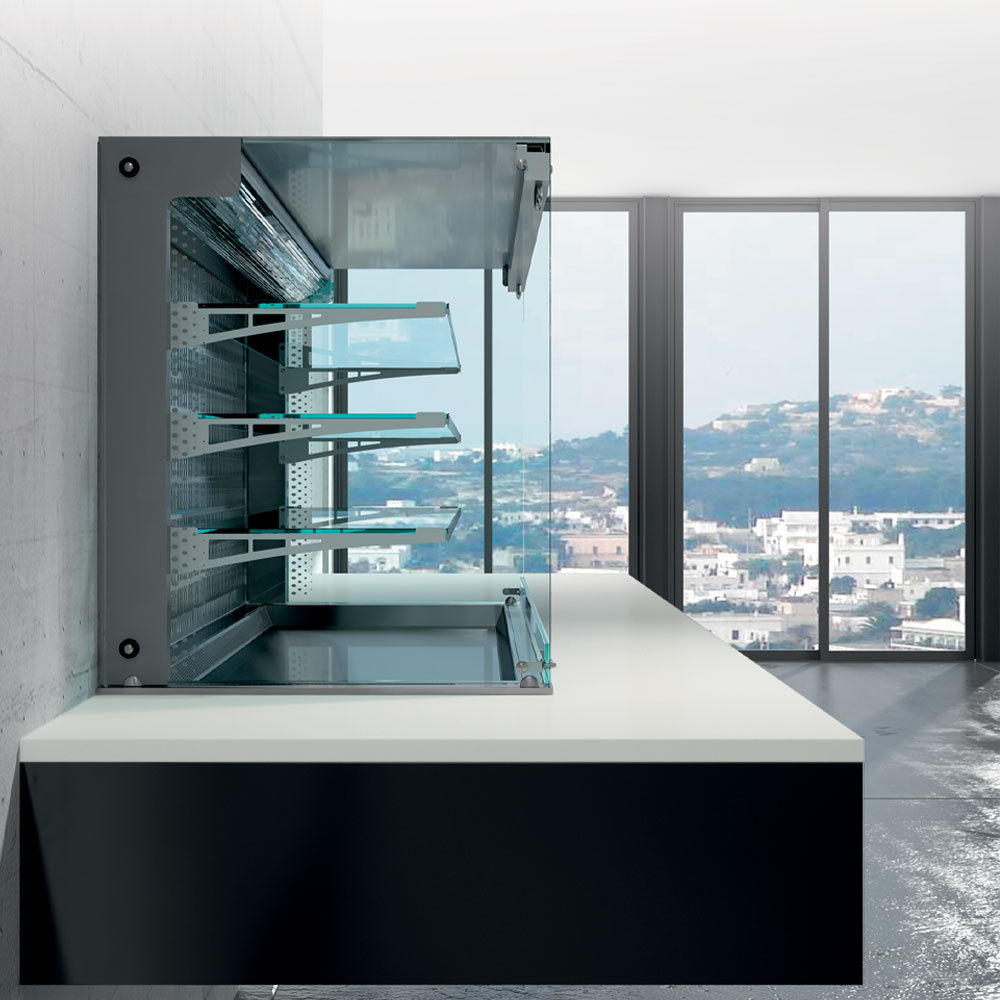 Wand met boven- en open "vierkante" vitrine op 3 niveaus (met gordijn), gekoeld, geventileerd, 4x GN 1/1 - Afbeelding 3