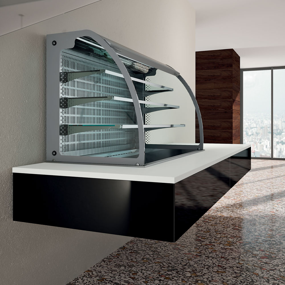 Wand met boven- en open vitrine op 3 niveaus (met gordijn), gekoeld, geventileerd, 5x GN 1/1 - Afbeelding 3