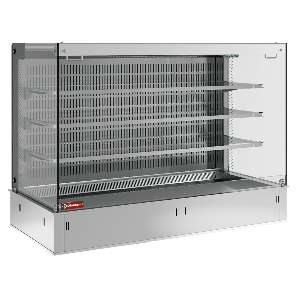 Wand met spoelbak en open "vierkante" vitrine op 3 niveaus (met gordijn), gekoeld, geventileerd, 4x GN 1/1 (zonder hermetische unit)