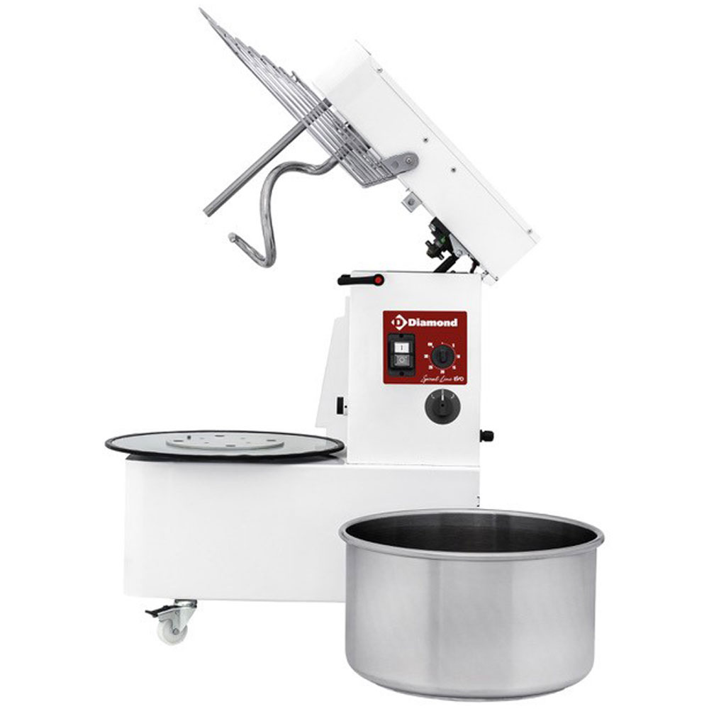 Spiraalkneder 22 liter kantelkop, afneembare kom, 2 snelheden, timer, op wielen