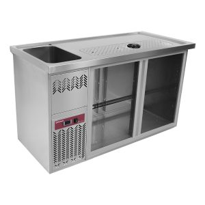 Bar met 2 compartimenten, afdruiprek + rooster, 1 spoelbak links.