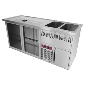 Bar met 2 compartimenten, afdruiprek + rooster, 2 spoelbakken rechts.