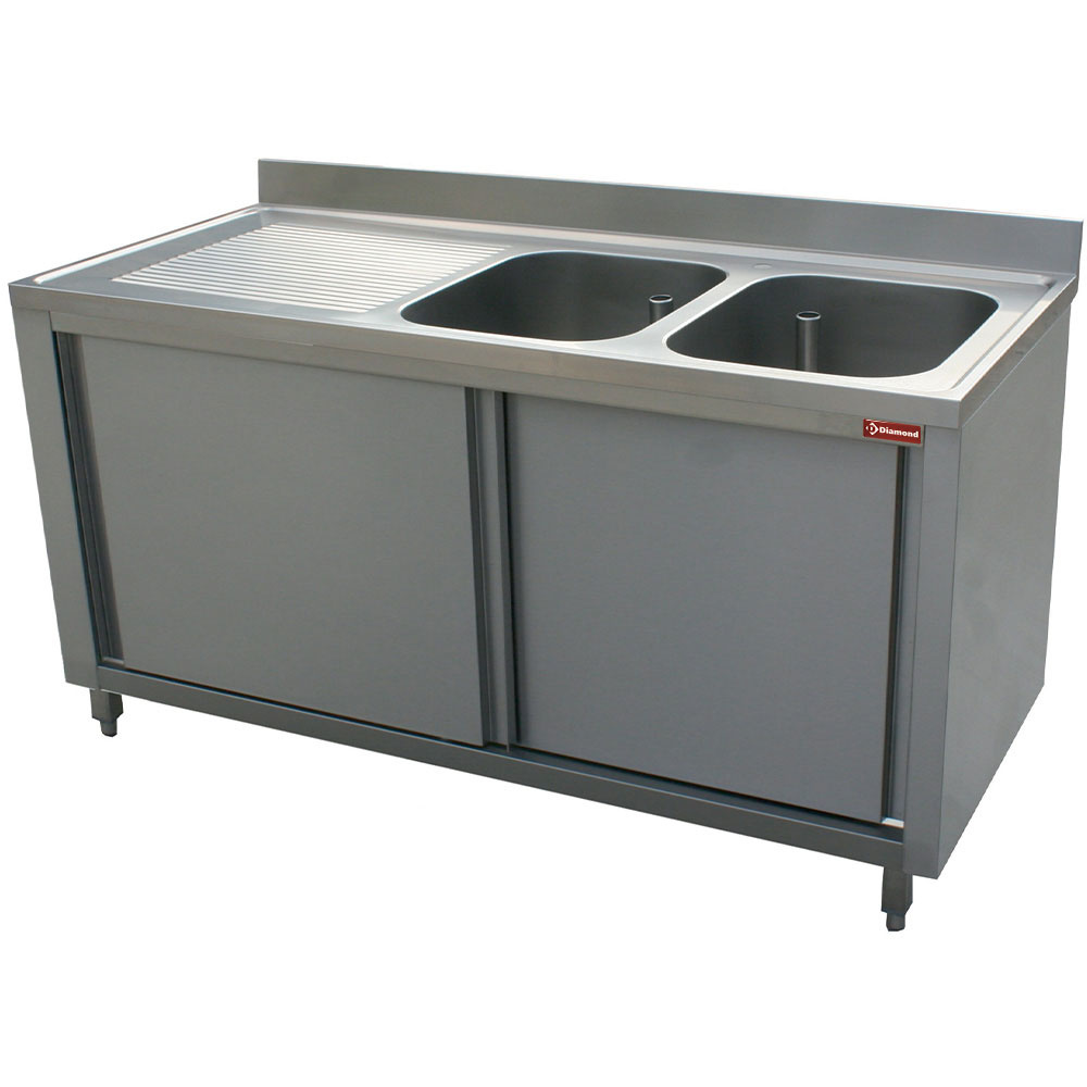 Spoelbak 2 bakken 600x500xh325, links afdruiprek op kast met 2 schuifdeuren