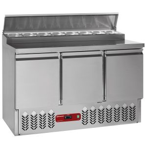 Gekoelde werktafel 3 deuren GN 1/1, 340 liter + gekoelde opbouw 8x GN1/6-150 mm