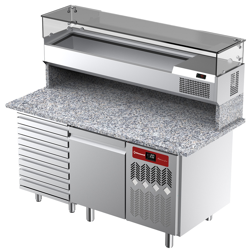 Geventileerde koeltafel voor pizza met 1 deur en 7 laden en gekoelde vitrine 1600x380x410 met granieten werkblad.