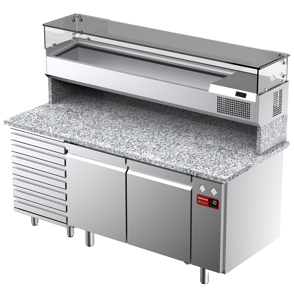 Geventileerde koeltafel voor pizza met 2 deuren en 7 laden en gekoelde vitrine 1800x380x410 met granieten werkblad.