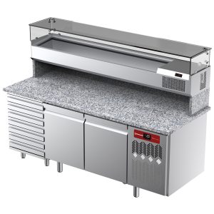 Geventileerde koeltafel voor pizza met 2 deuren en 7 laden en gekoelde vitrine 2000x380x410 met granieten werkblad.