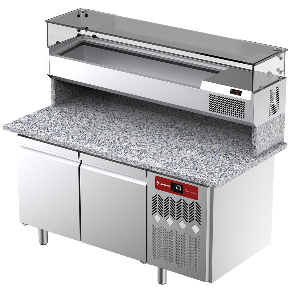 Geventileerde koeltafel voor pizza met 2 deuren en gekoelde vitrine 1600x380x410 met granieten werkblad.