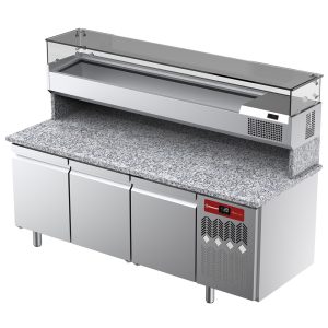 Geventileerde koeltafel voor pizza met 3 deuren en gekoelde vitrine 2000x380x410 met granieten werkblad.