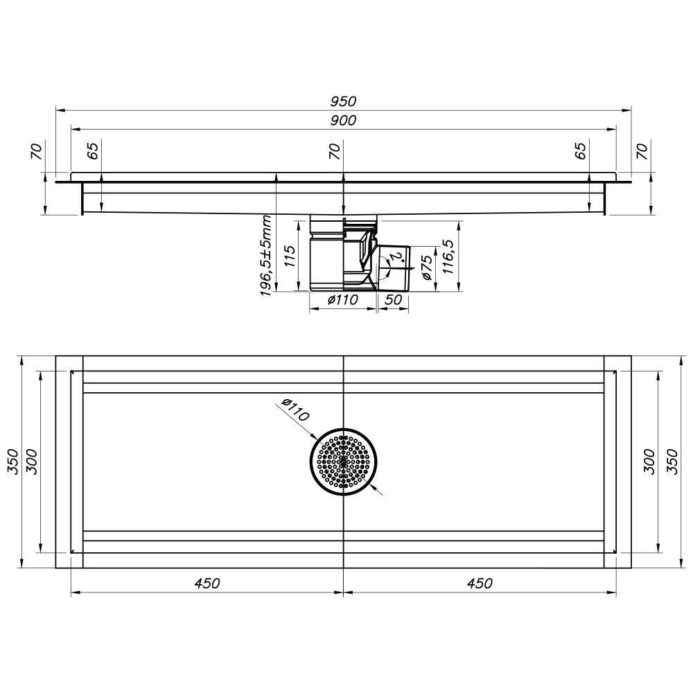 RVS vloerafvoergoot 900x300, zijdelingse afvoer - Afbeelding 2