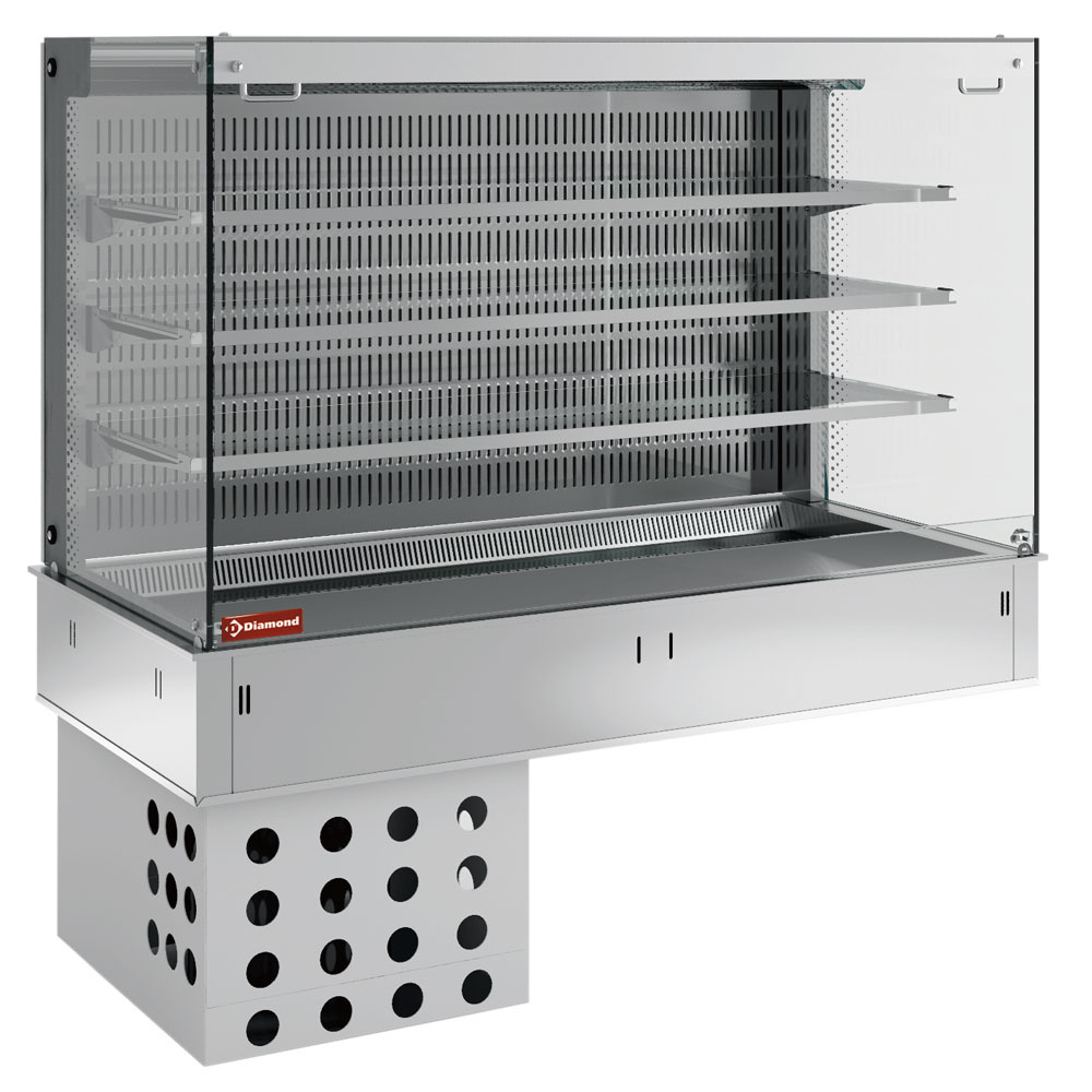 Wand met spoelbak en open "vierkante" vitrine op 3 niveaus (met gordijn), gekoeld, geventileerd, 3x GN 1/1