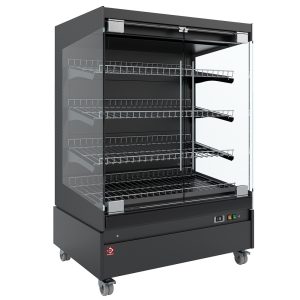 Verwarmde vitrine, zelfbediening, met glazen deur, op wielen - VOLLEDIG ZWART