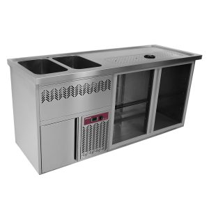 Barmeubel met 2 compartimenten, lekbak + rooster, 2 spoelbakken links.