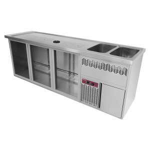 Barmeubel met 3 compartimenten, lekbak + rooster, 2 spoelbakken rechts.