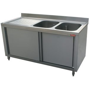 Spoeltafel 2 bakken 400x500xh275, afdruipblad links op onderkast met 2 schuifdeuren