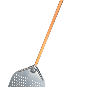 Pizzaschep, 40 × 40 cm, totale lengte 128 cm, geperforeerd, van aluminium, 2-delig
