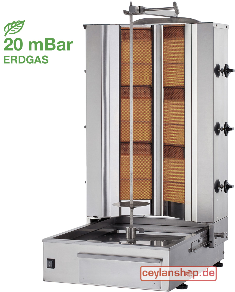 CEYLAN Döner-/Gyrosgrill CY-TYP V6 – Aardgas 20 mbar, 6 branders (3 + 3), 17 kW, motor onder