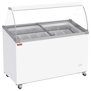 Ice cream display freezer, 381 liters, sliding lids on wheels with curved glass, capacity for 7 tubs