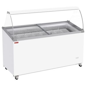 Ice cream display freezer, 467 liters, sliding lids on wheels with curved glass, capacity for 8 tubs