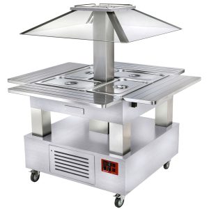 Island bain-marie warm buffet, motorized roof 4x GN1/1-150 (white wood)