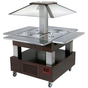 Island bain-marie warm buffet, motorized roof 4x GN1/1-150 (Wengé wood)