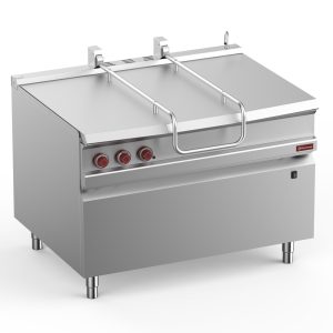 Tilting electric bratt pan, stainless steel tank 120 liters, on cupboard