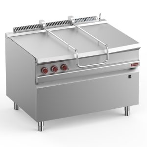 Tilting gas bratt pan, stainless steel tank 120 liters, on cupboard