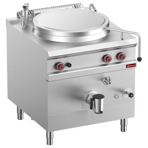 Gas boiling pan, 150-liter tank, indirect heating, on cupboard