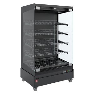Heated display case, self-service, with glass door, on wheels - FULL BLACK