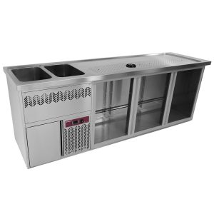 Bar counter with 3 compartments, draining board + grid, 2 sinks on the left.