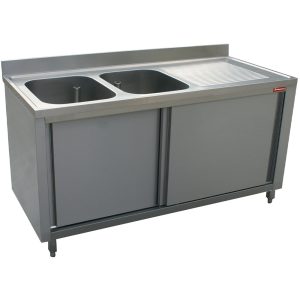 Sink 2 tanks 500x500xh325, right draining board on cupboard with 2 sliding doors