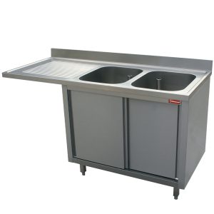 Sink 2 tanks 500x500x325 left draining board on cupboard 2 sliding doors and space dishwasher