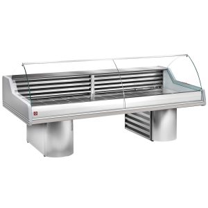 Refrigerated display counter with curved glass, on bases