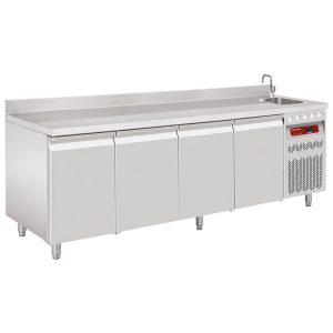 Wall-mounted ventilated refrigerated table, 4 doors GN 1/1,  550 Lit. with sink
